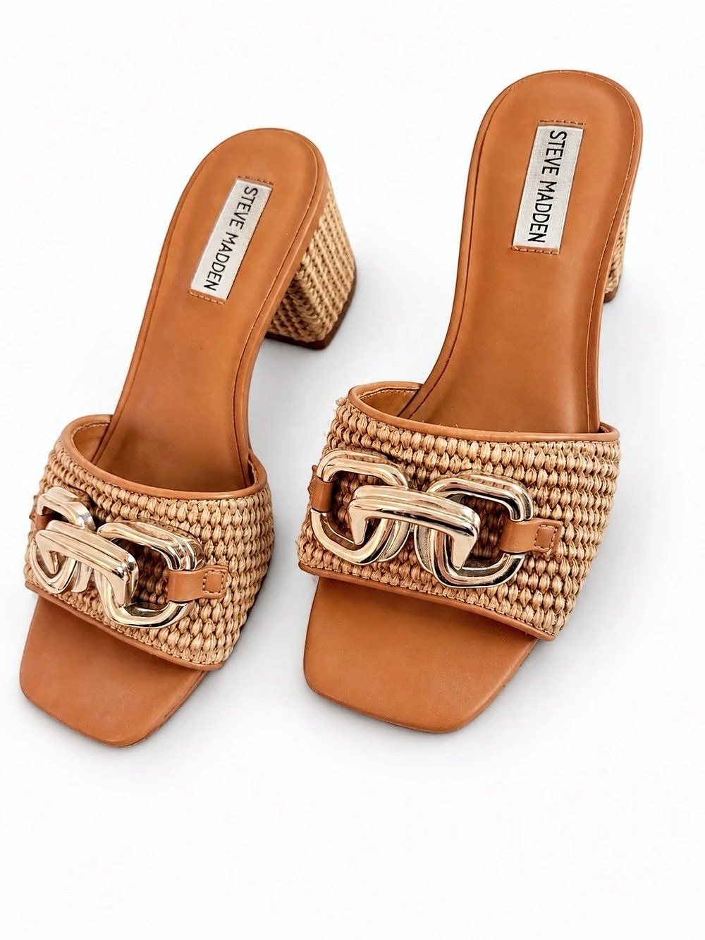 Steve Madden Santana Slide Sandal Woven Heeled Mule Brown